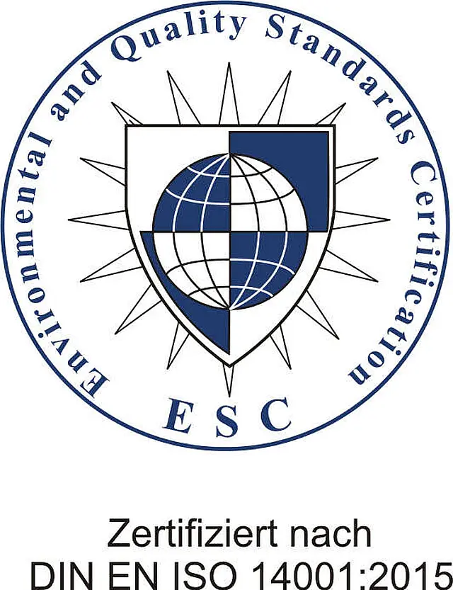 ESC-Siegel „Environmental and Quality Standards Certification“ mit Hinweis: zertifiziert nach DIN EN ISO 14001:2015.