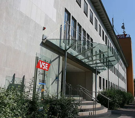 Foto des VSE Firmengebäudes mit Glasvordach, Treppe zum Eingang und seitlichem Firmenlogo; moderner Bürokomplex an einer Baumallee. 