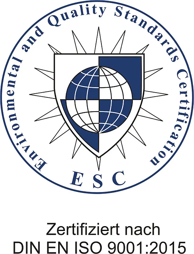 ESC-Siegel „Environmental and Quality Standards Certification“ mit Hinweis: zertifiziert nach DIN EN ISO 9001:2015.
