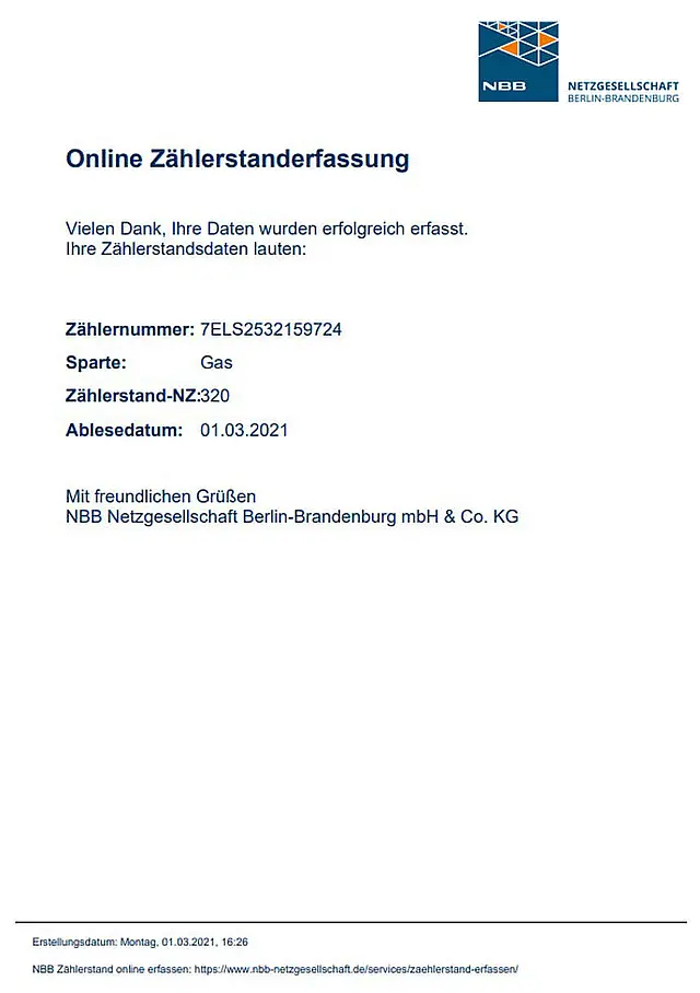 Zählerstand erfolgreich übermittelt: Bestätigung Ihrer Online-Zählerstandserfassung mit Übersicht zu Zählernummer, Sparte und Ablesedatum
