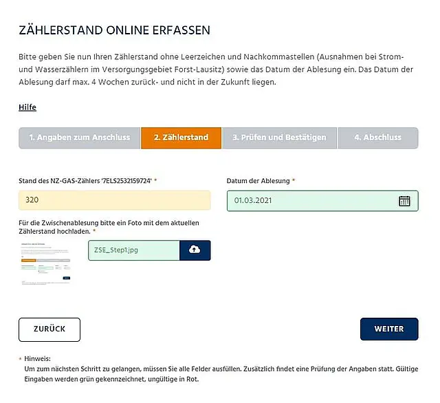 Zählerstand online erfassen bei der NBB: Tragen Sie den aktuellen Zählerstand und das Ablesedatum ein und laden Sie optional ein Foto zur Bestätigung hoch