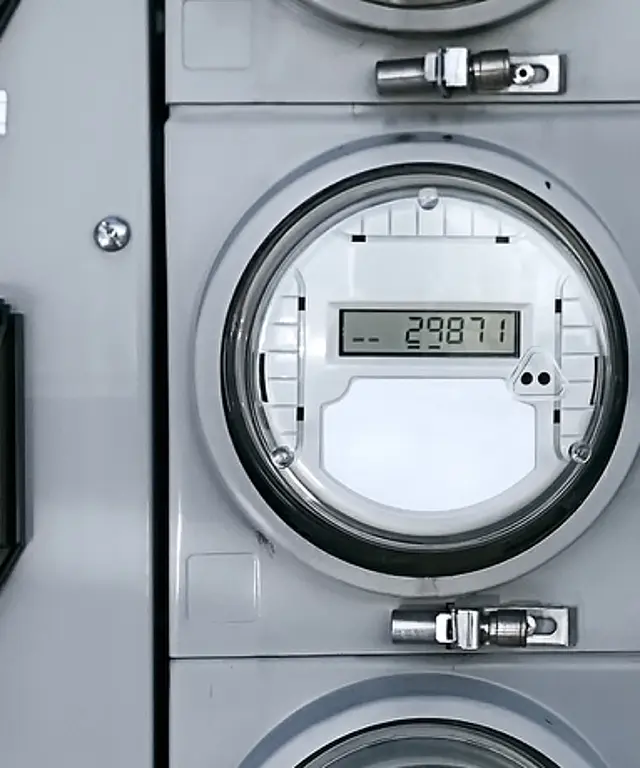 Nahaufnahme von modernen digitalen Gaszählern in einem Verteilerschrank