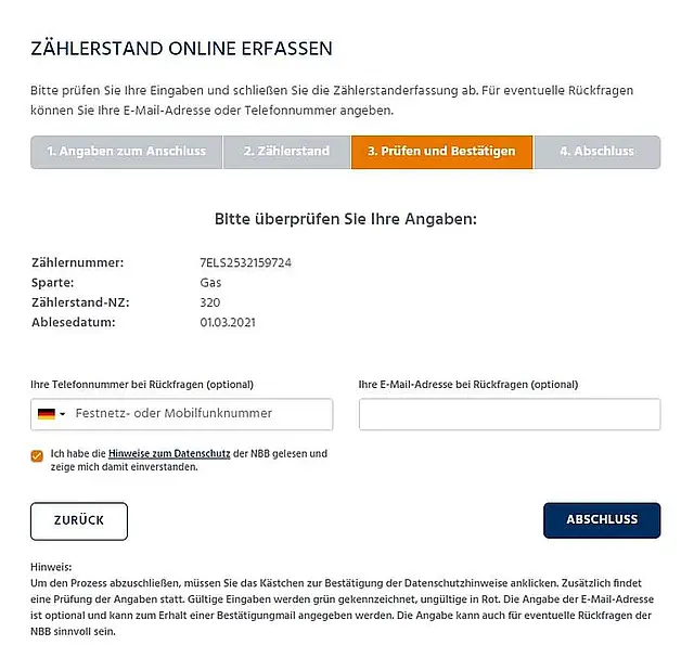 Zählerstand prüfen und bestätigen: Kontrollieren Sie Ihre Angaben, akzeptieren Sie den Datenschutz und schließen Sie die Online-Erfassung ab