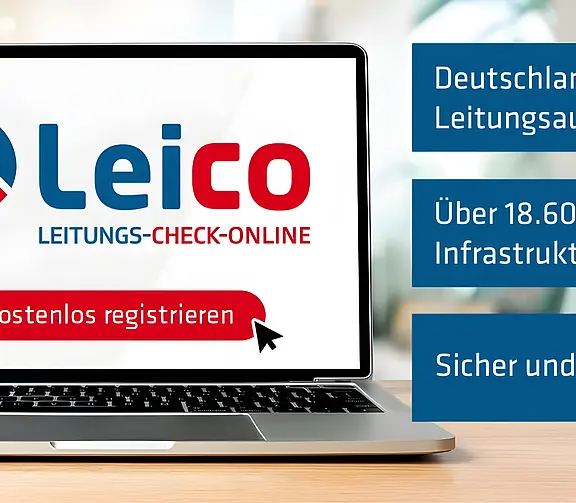 Laptop mit Leico‑Logo und Hinweis auf deutschlandweite Leitungsauskunft, über 18.600 Infrastrukturbetreiber sowie sichere und schnelle Registrierung